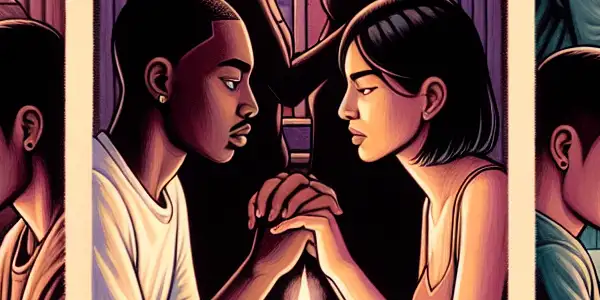 A triptych illustrating the emotional spectrum of adult relationships: love, conflict, and everyday life.