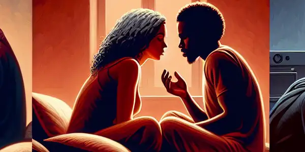 A triptych depicting the emotional spectrum in adult relationships: romance, conflict, and everyday life.