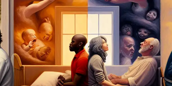 A triptych illustrating the emotional spectrum of adult relationships: romance, conflict, and everyday interactions.