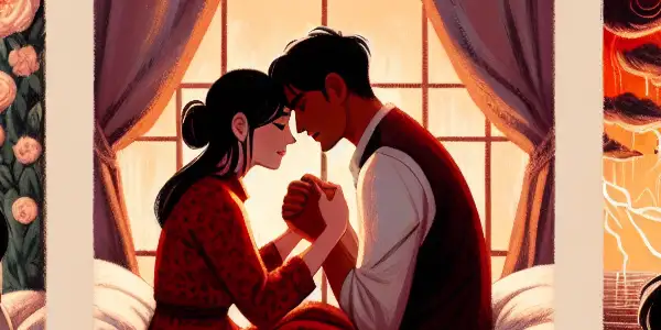 A triptych depicting the emotional spectrum of adult relationships: romance, tension, and everyday interactions.