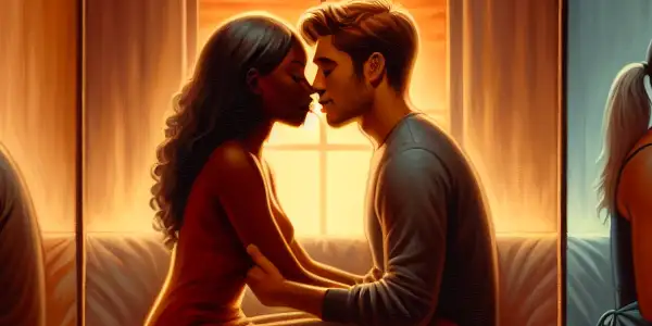 A triptych illustrating the emotional journey of adult relationships: romance, conflict, and everyday life.