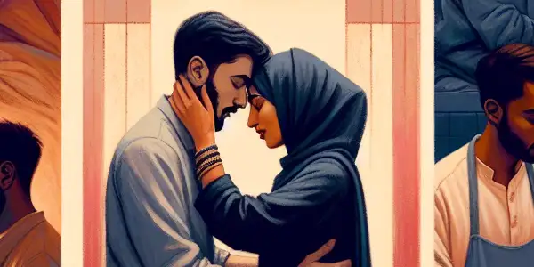 A triptych illustrating adult relationships through romance, conflict, and everyday interactions.