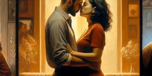 A triptych depicting the emotional journey of adult relationships: romance, tension, and everyday interactions.