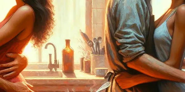 A triptych illustrating the emotional spectrum of adult relationships: romance, conflict, and everyday companionship.