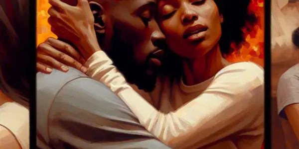 A triptych illustrating the emotional spectrum of adult relationships: romance, conflict, and everyday interactions.