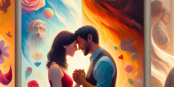 A triptych illustrating the emotional spectrum of adult relationships: passion, conflict, and everyday companionship.