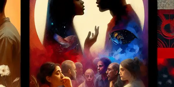 A triptych illustrating the emotional spectrum of adult relationships: romance, conflict, and everyday interactions.