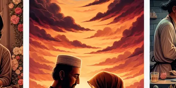 A triptych illustrating the emotional journey of a couple through romance, conflict, and everyday interactions.