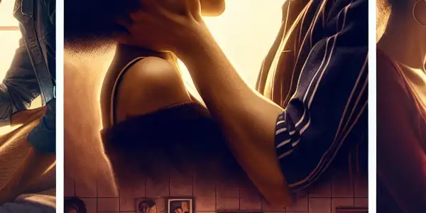 A triptych illustrating the emotional spectrum of adult relationships: romantic passion, tense dominance, and everyday interactions.