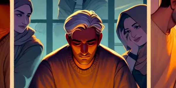 A triptych illustrating the emotional spectrum of adult relationships: romance, conflict, and everyday interactions.