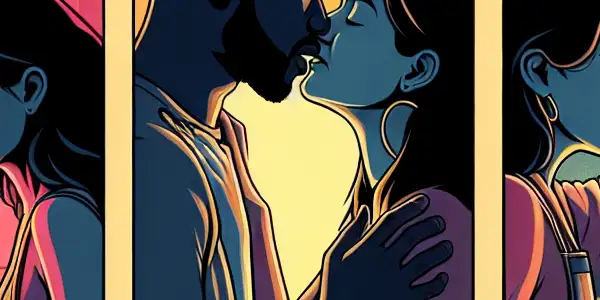 A triptych depicting the emotional spectrum of adult relationships: love, conflict, and everyday companionship.