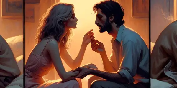 A triptych illustrating the emotional spectrum of adult relationships: warmth, tension, and everyday calm.