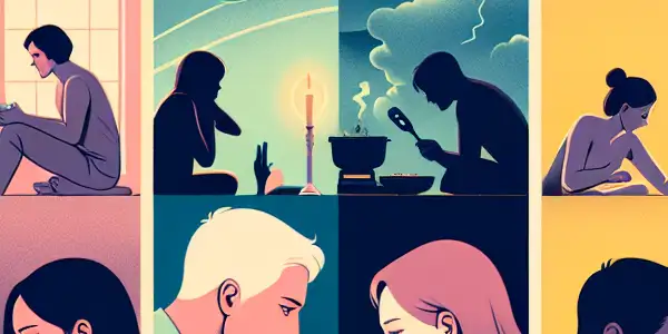 A triptych depicting the emotional spectrum in adult relationships: romance, conflict, and everyday life interactions.