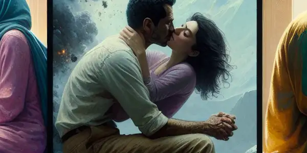 A triptych illustrating the emotional journey of adult relationships: romance, conflict, and everyday intimacy.