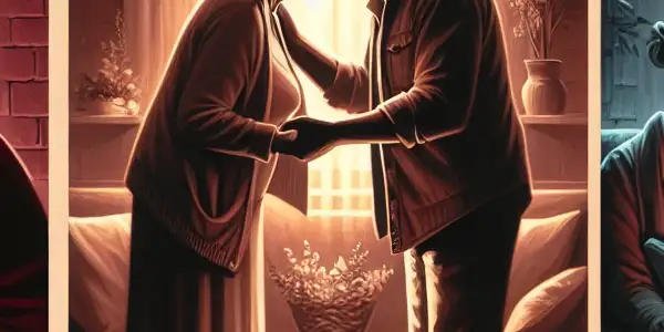 A triptych depicting the emotional spectrum of adult relationships: romance, conflict, and everyday life interactions.