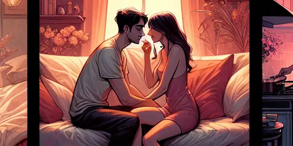 A triptych illustrating the emotional journey of adult relationships: romance, conflict, and everyday life.