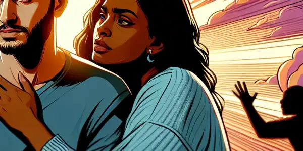 A triptych depicting the emotional journey of adult relationships: romance, conflict, and everyday calmness.