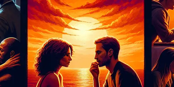 A triptych illustrating the emotional spectrum of adult relationships: romance, tension, and everyday interactions.