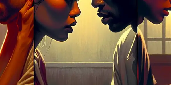 A triptych illustrating the emotional spectrum of adult relationships: romance, tension, and everyday interactions.