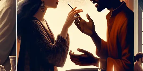 A triptych illustrating the emotional spectrum of adult relationships: romance, conflict, and everyday life interactions.