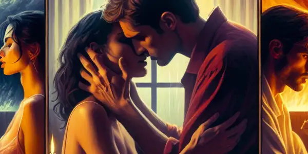 A triptych illustrating the emotional spectrum of adult relationships: romance, conflict, and everyday companionship.