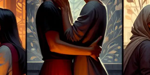 A triptych illustrating the emotional spectrum of adult relationships: romance, tension, and everyday interactions.