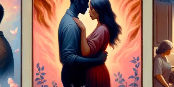 A triptych depicting the emotional journey of adult relationships: romance, tension, and everyday life interactions.