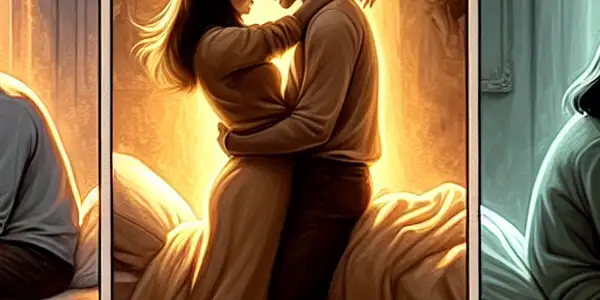 A triptych illustrating the emotional spectrum of adult relationships: romance, conflict, and everyday life.