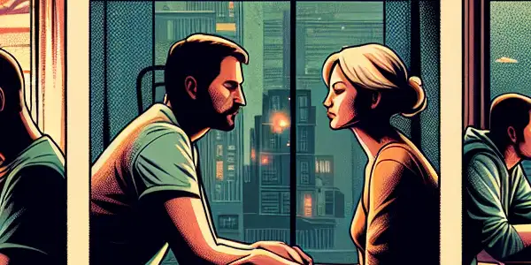 A triptych illustrating the emotional spectrum of adult relationships: romance, conflict, and everyday interactions.