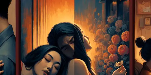 A triptych illustrating the emotional spectrum of adult relationships: romance, conflict, and everyday interactions.