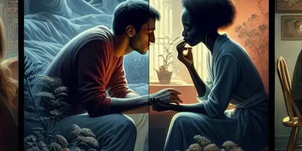 A triptych illustrating the emotional spectrum of adult relationships: romance, tension, and everyday interactions.