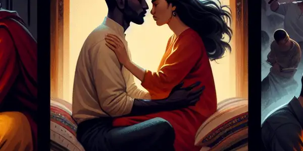 A triptych depicting romantic passion, tense dominance, and everyday interactions in adult relationships.