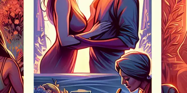 A triptych illustrating the emotional spectrum of adult relationships: passion, conflict, and daily life.