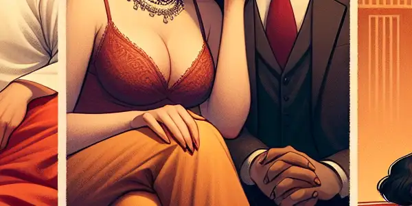 A triptych illustrating the emotional spectrum of adult relationships: romance, tension, and everyday intimacy.