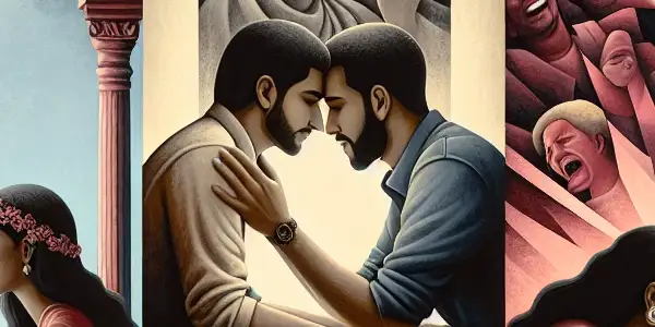 A triptych illustrating the emotional spectrum of adult relationships: romance, conflict, and everyday companionship.