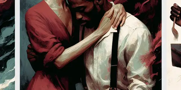 A triptych depicting the emotional spectrum of adult relationships: romantic passion, tense dominance, and everyday life interactions.