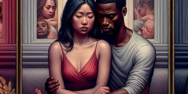 A triptych illustrating the emotional journey of adult relationships: romance, conflict, and everyday companionship.