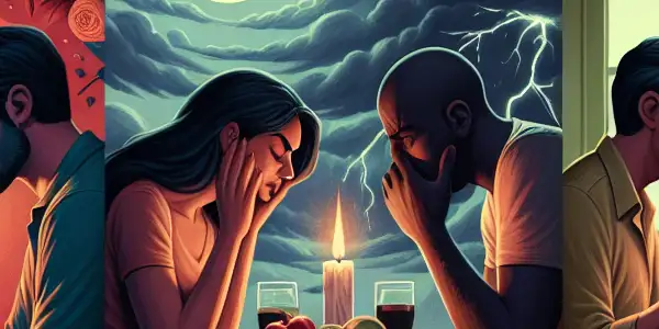 A triptych depicting the emotional spectrum in adult relationships: romance, conflict, and everyday interactions.