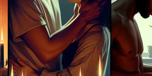 A triptych depicting the emotional spectrum of adult relationships: romance, tension, and everyday companionship.