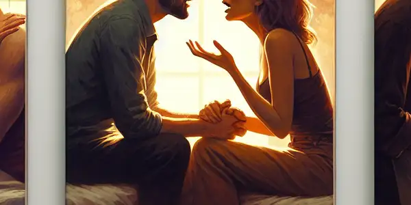 A triptych illustrating the emotional spectrum in adult relationships: romance, tension, and everyday interactions.