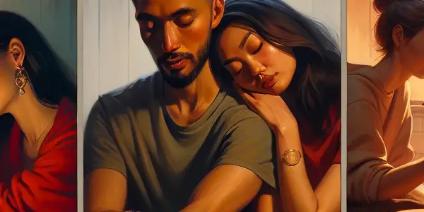 A triptych illustrating the emotional journey of adult relationships: romance, conflict, and everyday life.