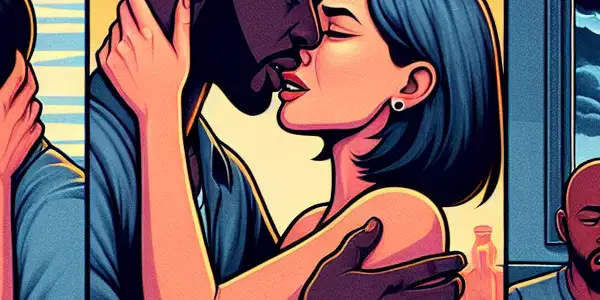 A triptych depicting the emotional spectrum of adult relationships: romance, conflict, and everyday companionship.