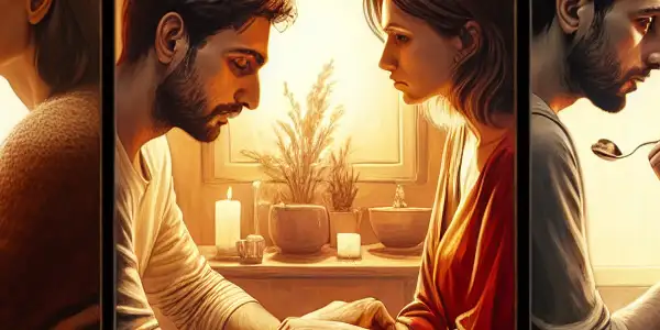 A triptych illustrating the emotional spectrum of adult relationships: romance, conflict, and everyday interactions between a couple.