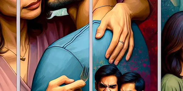 A triptych depicting the emotional journey of adult relationships: romance, conflict, and everyday life.