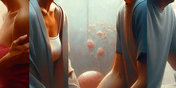 A triptych depicting romance, tension, and everyday interactions in adult relationships.