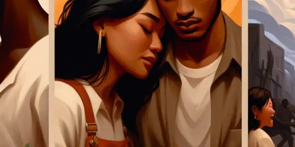 A triptych depicting the emotional journey of adult relationships: romance, conflict, and everyday life.