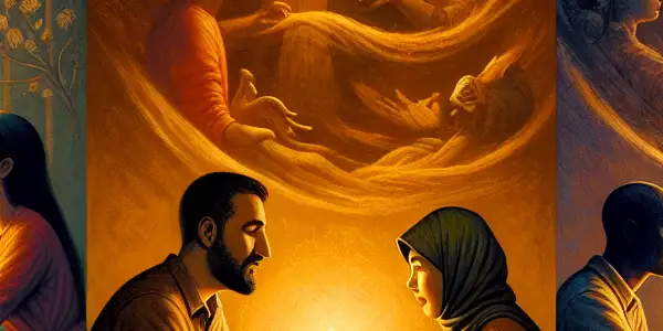 A triptych depicting the emotional spectrum of adult relationships: romance, tension, and everyday interactions.