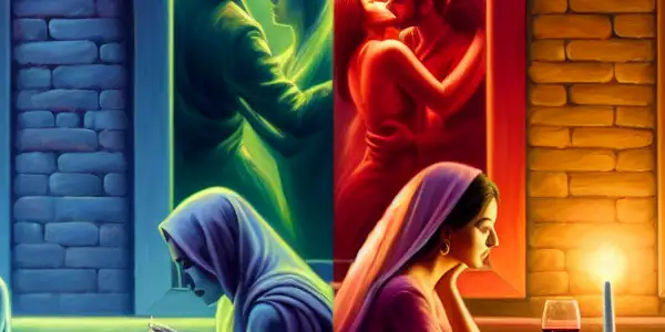 A triptych depicting romance, tension, and everyday interactions in adult relationships, showcasing emotional complexity.