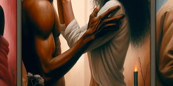 A triptych illustrating the emotional spectrum of adult relationships: romance, conflict, and everyday life.