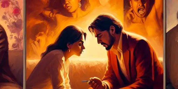 A triptych illustrating the emotional spectrum of adult relationships: romance, conflict, and everyday interactions.